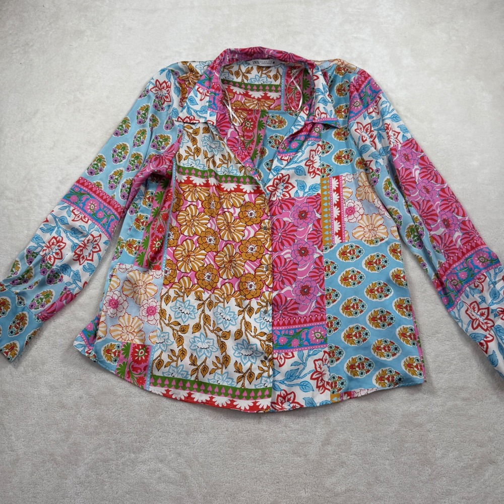 Zara Floral Patchwork Print Satin Shirt Womens XL Multicolor Long Sleeve Button - Picture 2 of 7